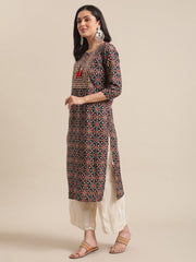 Kalini Women Blue And Beige Abstract Printed Kurta With Gota Work On Yoke And 3/4Th Sleeves