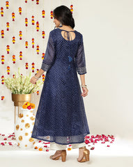 Women Blue Lehariya Printed Anarkali Emroidered Kurta