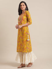 Yellow And Peach Straight Floral Printed Kurta With Round Neck And Having Gota Work On Yoke - 3XL