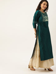 Women Green & Gold-Toned Yoke Design Straight Embellished Kurta - 3XL