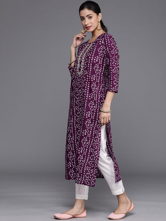 Varanga - Purple And White Bandhani Printed Kurta Gota Embroidery Round Neckline 3/4Th Sleeves Embroidered Buttons Detail"