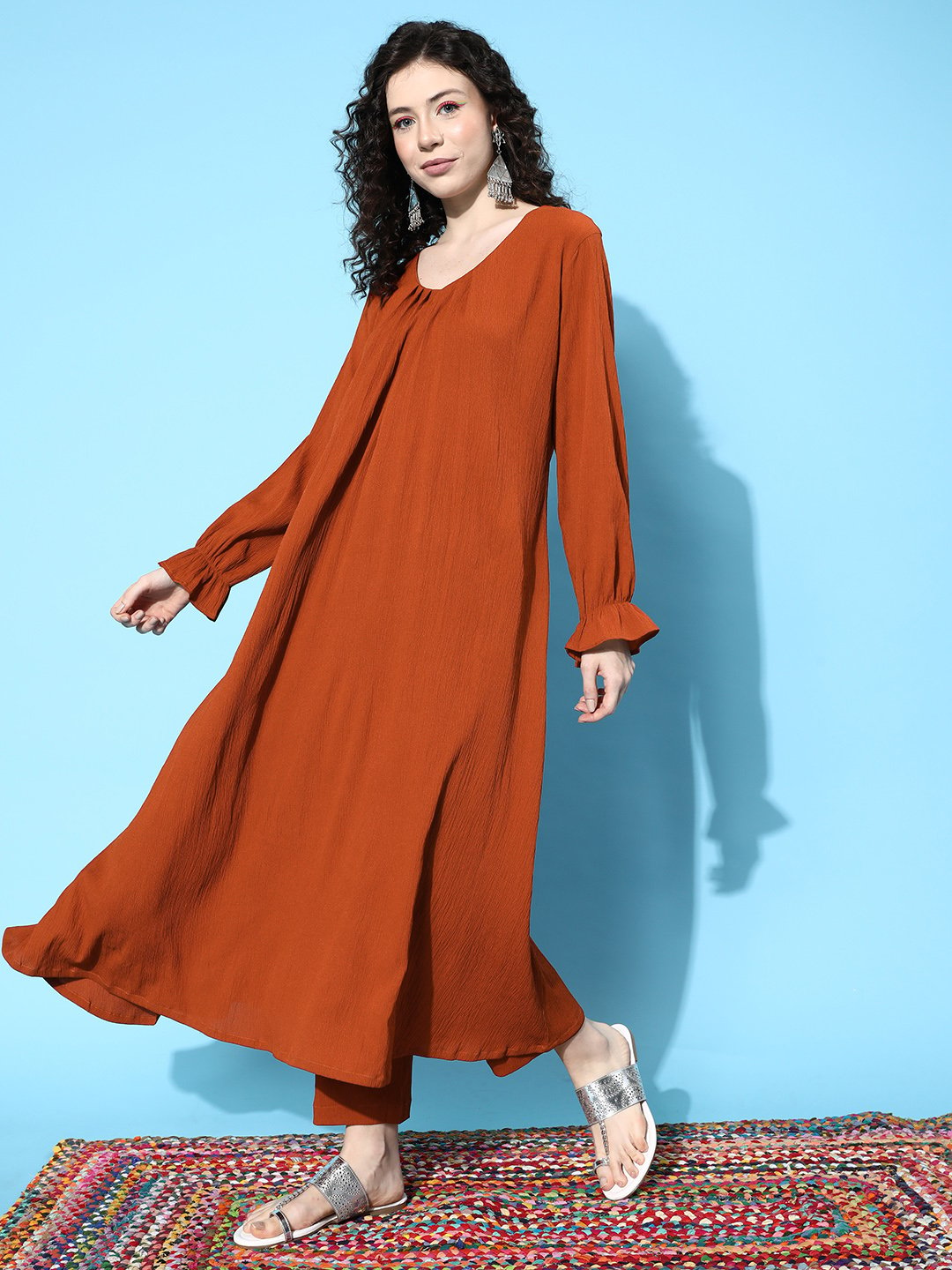 Women Rust Colour, Bishop Sleeve A-Line Kurta Paired With Tonal Bottom