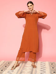 Women Rust Straight Kurta Paired With Tonal Bottom