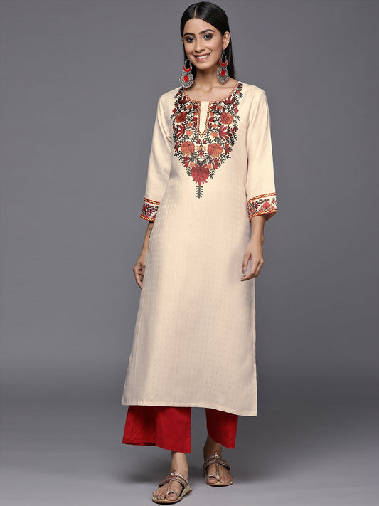 cream pashmina floral printed straight winter kurta with three quarter sleeves