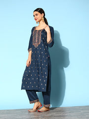 Blue Embroidered Kurta With Tonal Bottom And Printed Dupatta