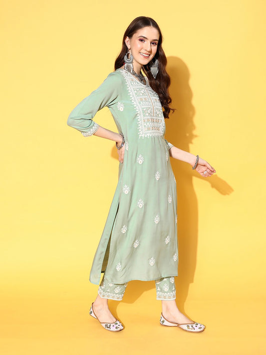 Women Sea Green Embroidered Kurta Paired With Tonal Trouser And Dupatta