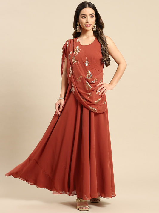 Long flare dress with dupatta drape