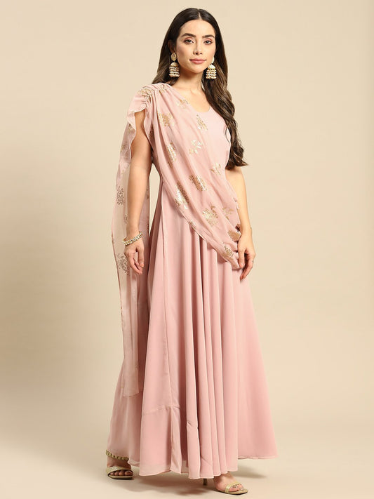 Long flare dress with dupatta drape