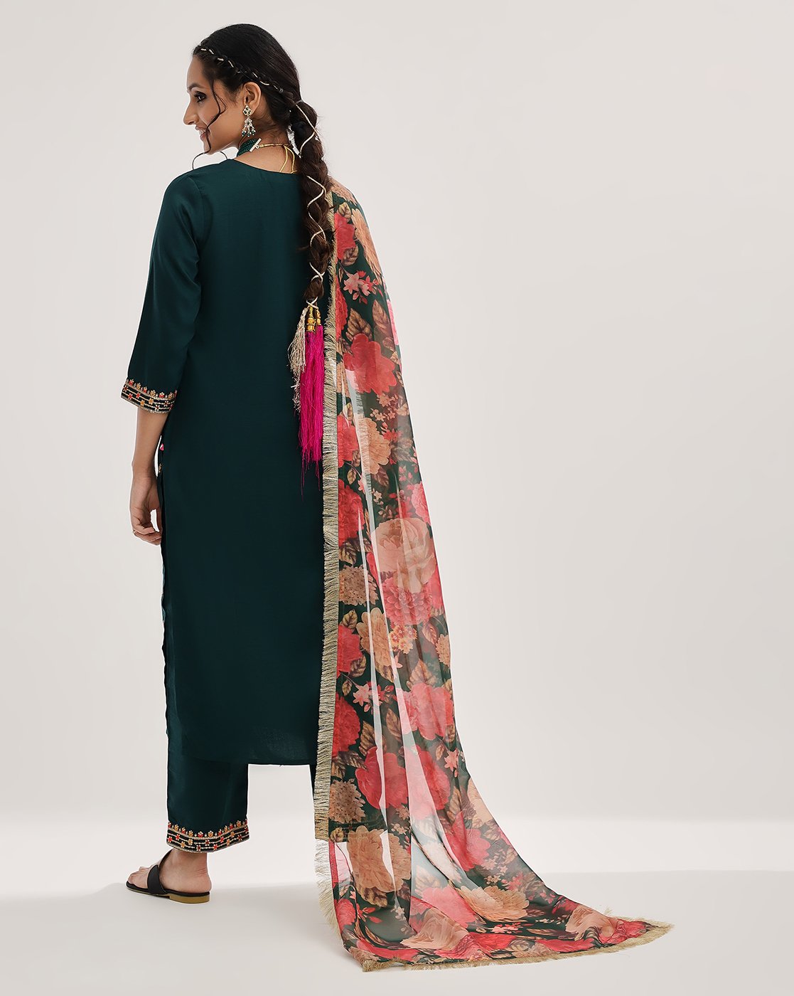 Women Green Embroidered Straight Kurta Paired With Tonal Bottom And Printed Dupatta