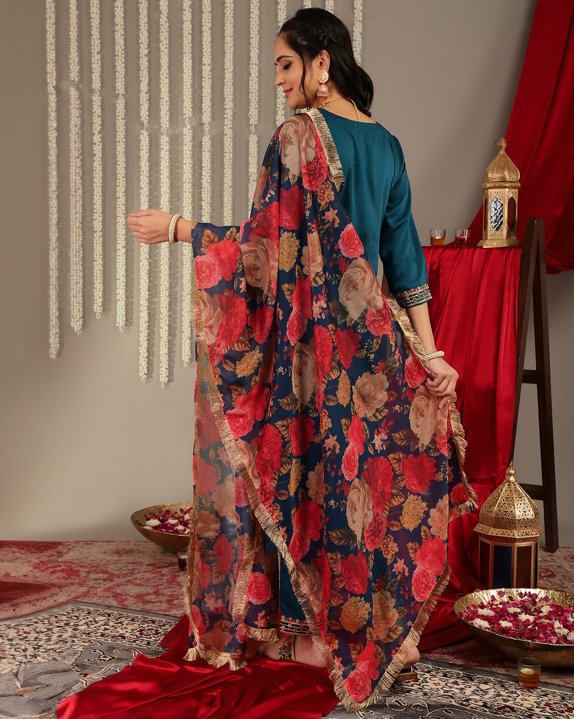 Women Teal Embroidered Straight Kurta Paired With Tonal Bottom And Printed Dupatta