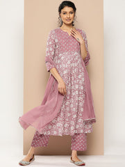 Women Mauve Floral Printed Kurta A-Line Kurta Paired With Tonal Printed Bottom And Chiffon Solid Dupatta