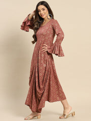 Bell Sleeve printed Long dress with front drape