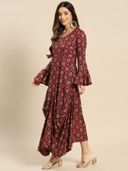 Bell Sleeve printed Long dress with front drape