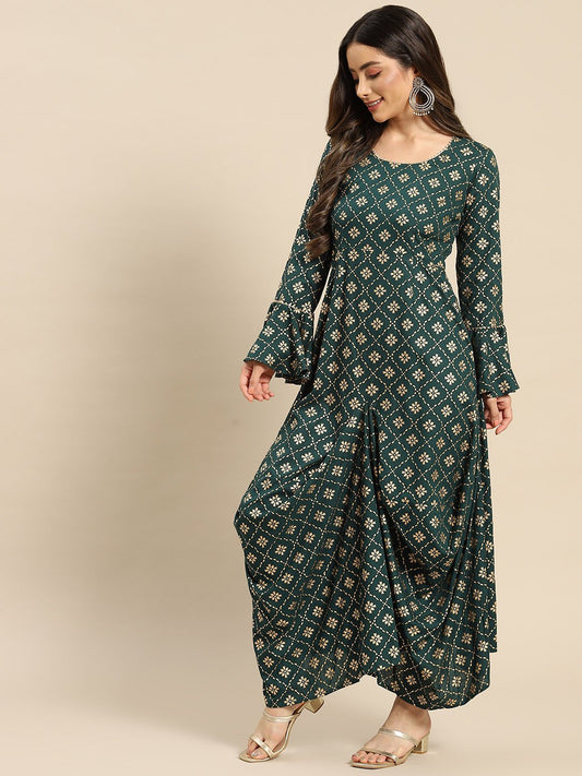 Bell Sleeve printed Long dress with front drape