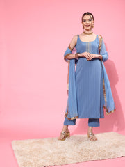 Women Blue Straight Kurta With Tonal Bottom & Dupatta