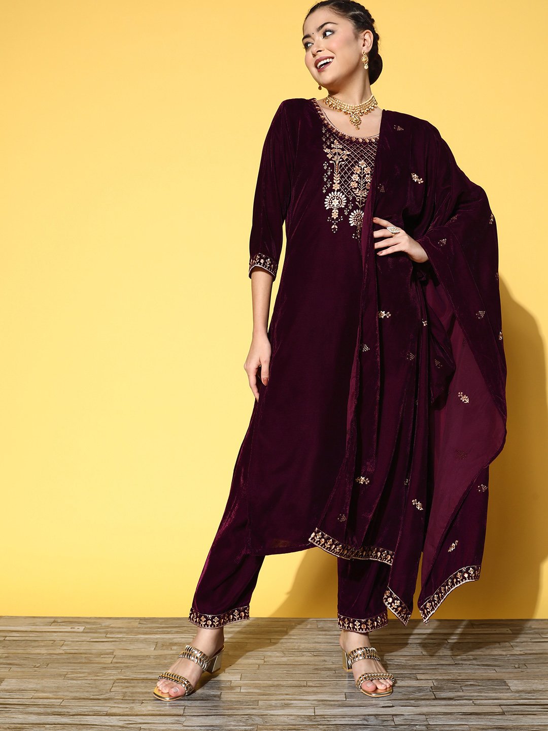 Purple Embroidered Kurta Set With Embroidered Dupatta