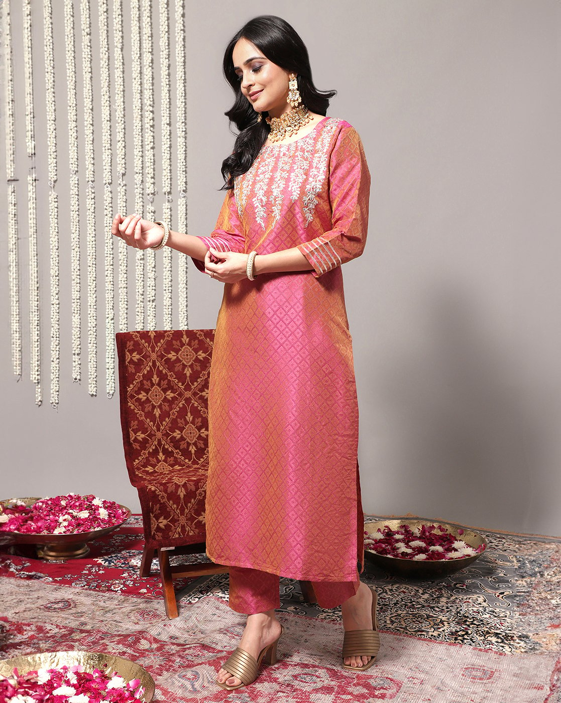 Coral Embroidered Straight Kurta With Three-Quarter Sleeves Paired With Tonal Bottom And Dupatta