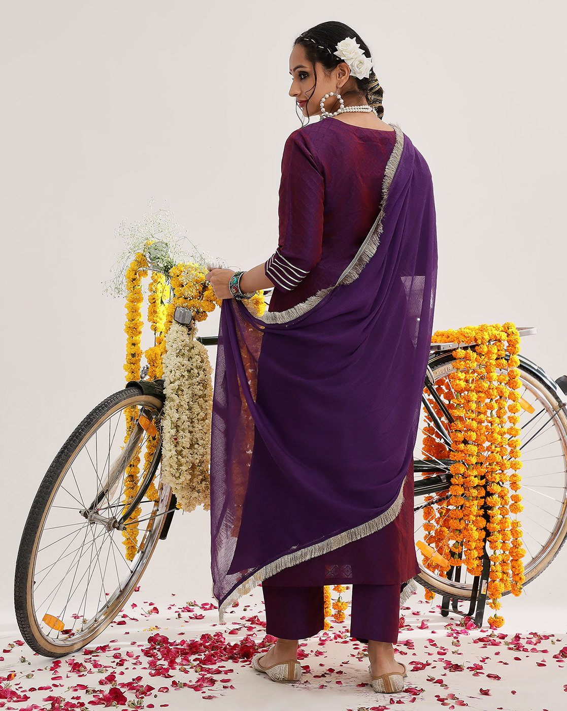 Purple Embroidered Straight Kurta With Three-Quarter Sleeves Paired With Tonal Bottom And Dupatta