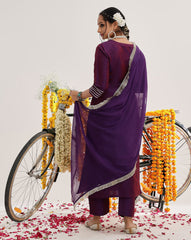 Purple Embroidered Straight Kurta With Three-Quarter Sleeves Paired With Tonal Bottom And Dupatta