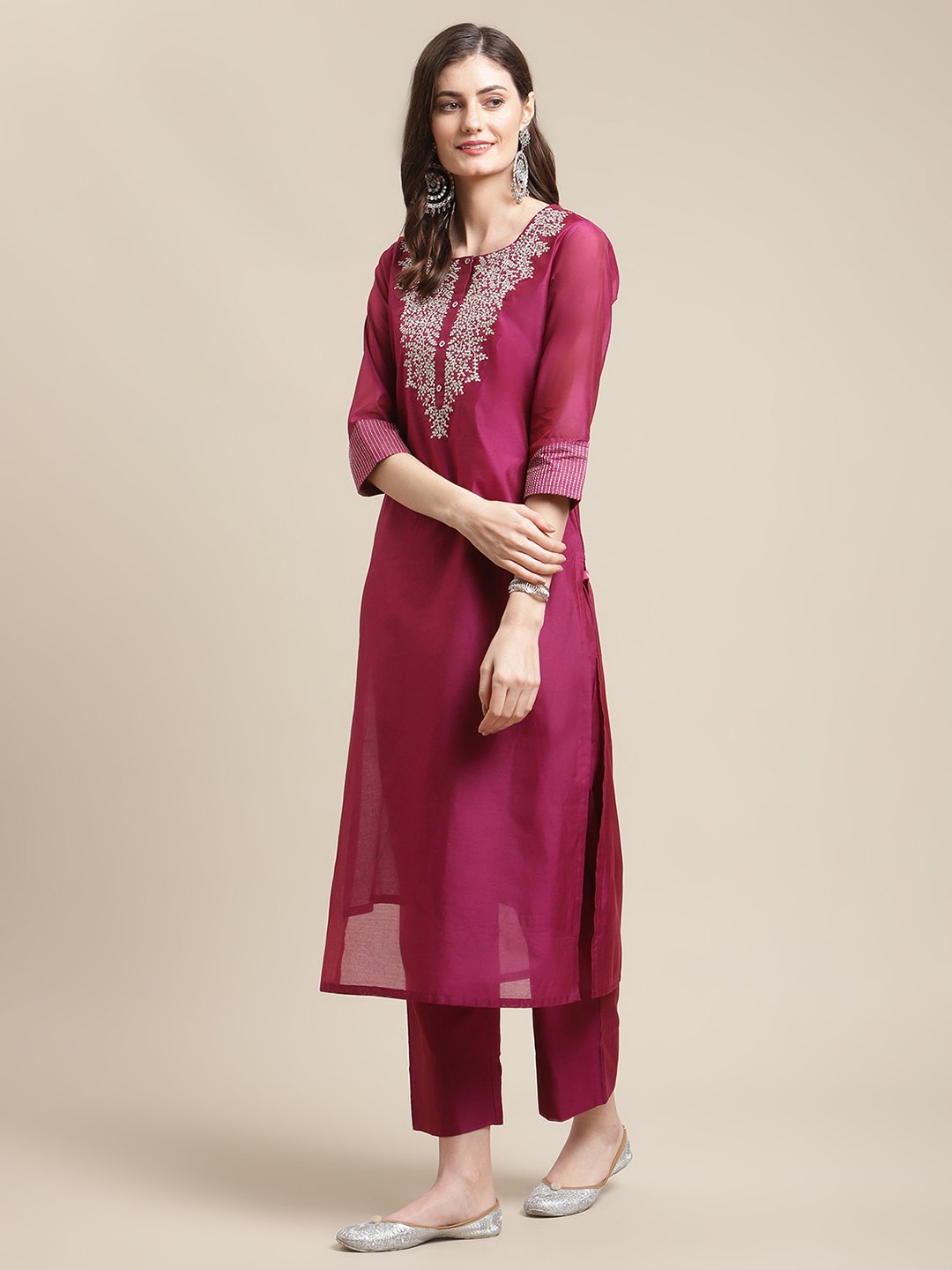 Wine Zari Embroidery Kurta Trouser Set With Floral Printed Organza Dupatta