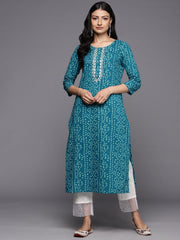 Women Turqoise Blue Bandhani Print Gotta Embellished Straight Kurta With Three Quarter Sleeves