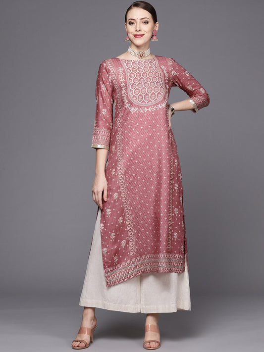 Mauve Floral Printed Placement Print Kurta With Quarter Sleeves.