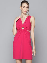 Women Fuchsia Pink Solid A-Line Dress with Cut-Out Detail