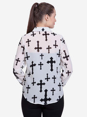 Women's White Polyester Cross Print Shirt