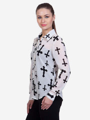 Women's White Polyester Cross Print Shirt