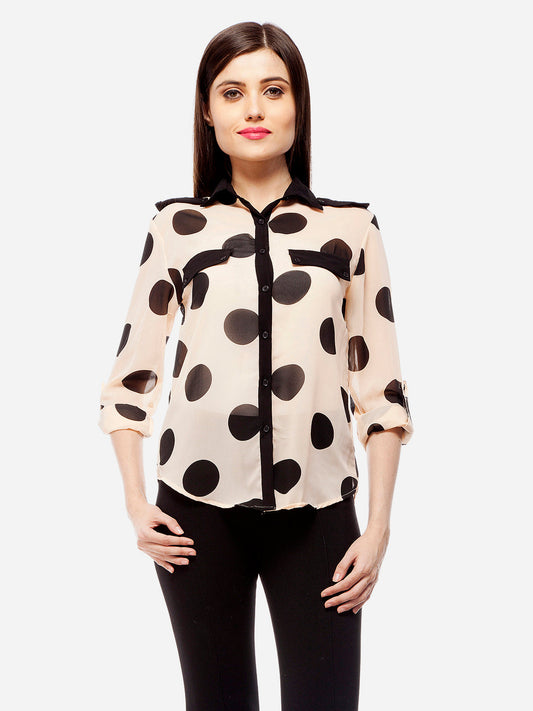 Women's Peach & Black Polyester Polka Shirt