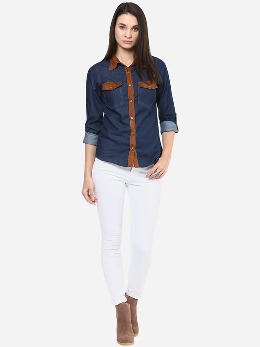 Women's Denim Shirt with Suede Trims