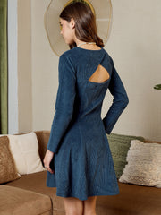 Short Flare Dress with cut-out back in Blue corduroy