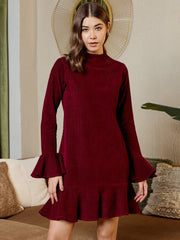 High neck mini dress  in Burgundy corduroy