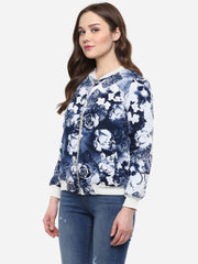 Women's Blue Floral Print Bomber Jacket