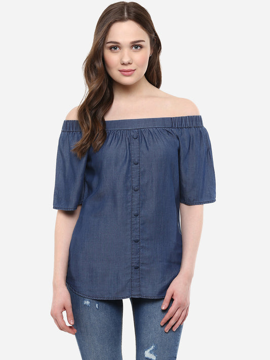 Women's Blue Tencel Denim Off Shoulder