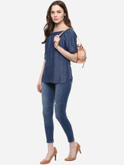 Women's Blue Tencel Denim Off Shoulder