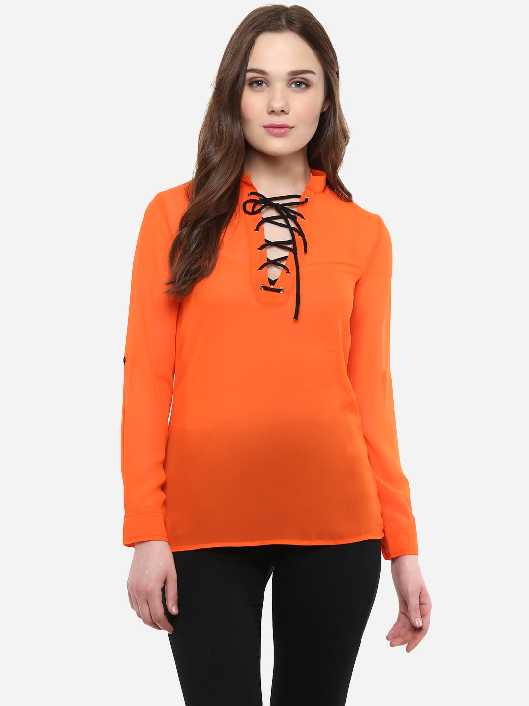 Women's Orange Georgette Top with Black Lace Up