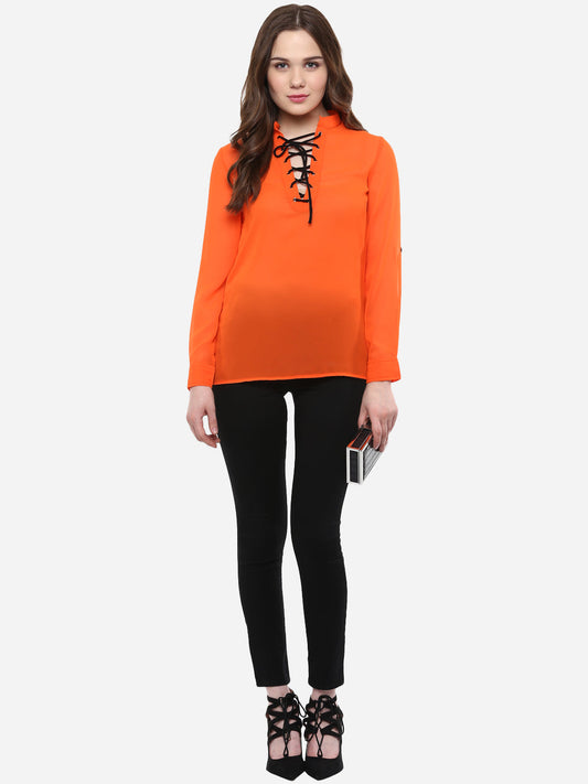 Women's Orange Georgette Top with Black Lace Up