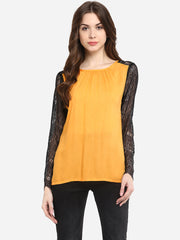 Women's Mustard Yellow Rayon Black Lace Sleeve Top