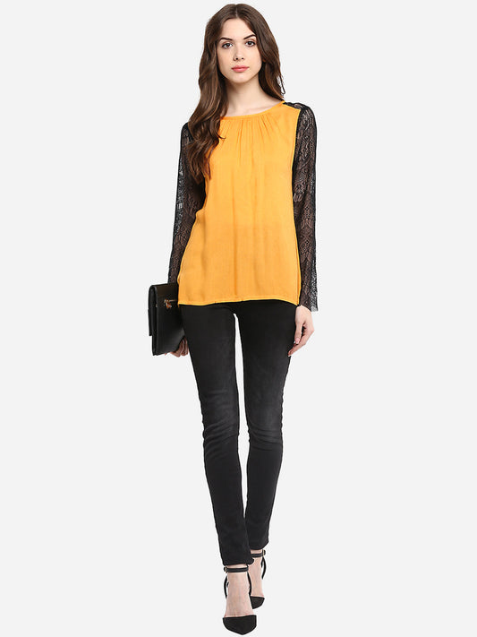 Women's Mustard Yellow Rayon Black Lace Sleeve Top