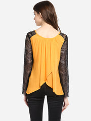 Women's Mustard Yellow Rayon Black Lace Sleeve Top