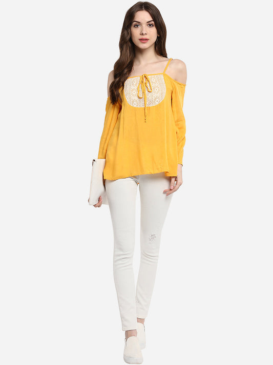 Women's Mustard Yellow Rayon Cold Shoulder Top