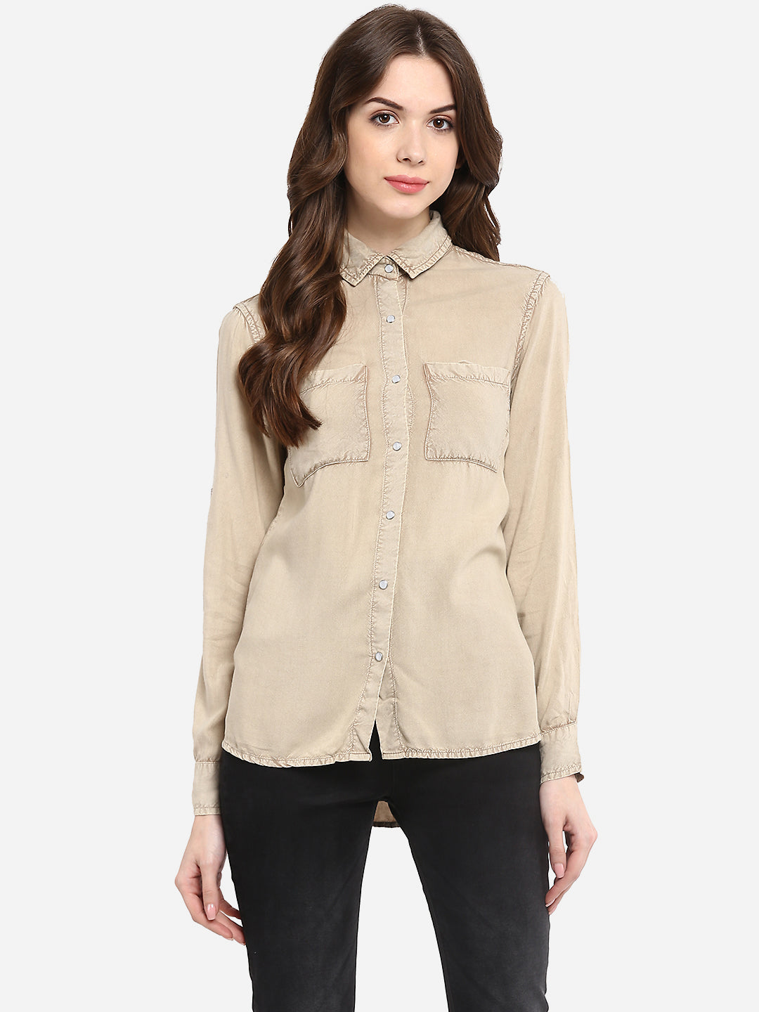 Women's Beige Rayon Acid Wash Shirt