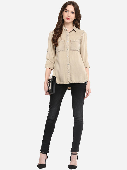 Women's Beige Rayon Acid Wash Shirt