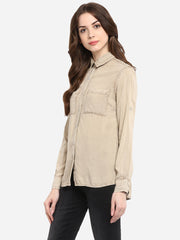 Women's Beige Rayon Acid Wash Shirt