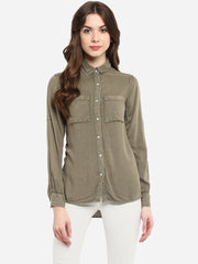 Women's Olive Green Rayon Acid Wash Shirt