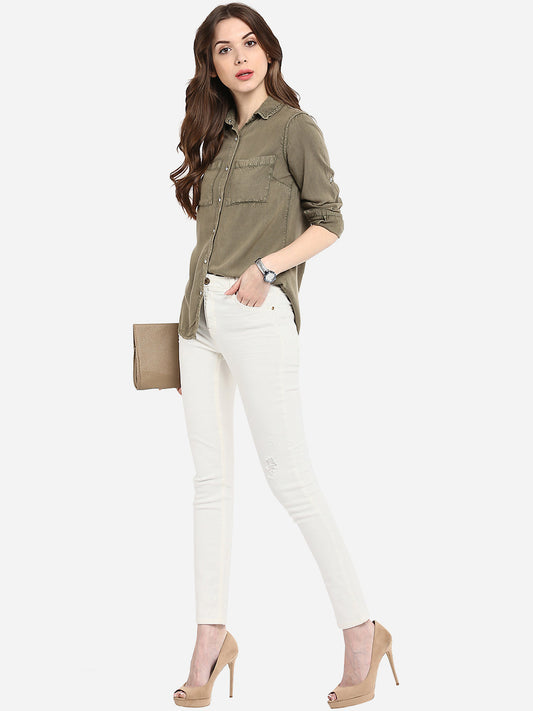 Women's Olive Green Rayon Acid Wash Shirt