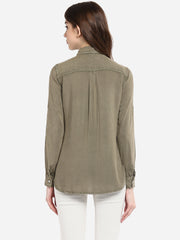 Women's Olive Green Rayon Acid Wash Shirt