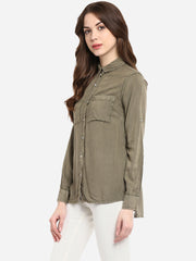 Women's Olive Green Rayon Acid Wash Shirt