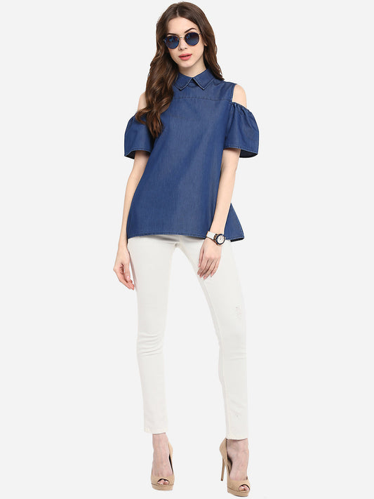 Women's Denim Top with Cold Shoulder